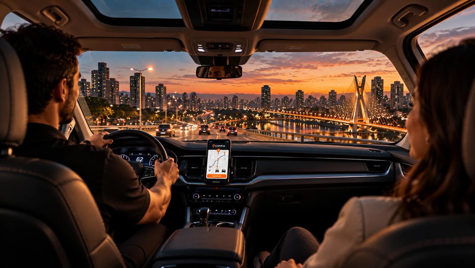 Motorista e passageira dentro do carro, cruzando a ponte ao pôr do sol
